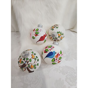 Vintage Hand Painted Floral Bird Glass Ornaments